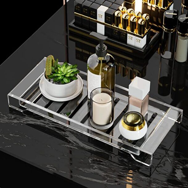 Fanassyy Bathroom Tray, Vanity Tray, Soap Dispenser Tray Toilet Tank Tray, Acrylic Bathroom Tray, Sink Tray for Soap, Perfume, Shampoo, Towel, Tissue, Candle, 15.75 × 6.5 × 1.57 Inch, Small Tray