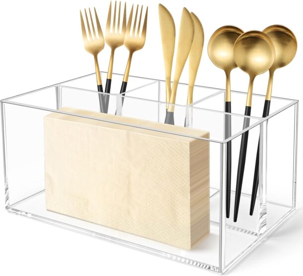 FANASSYY Acrylic Silverware Caddy – 4-Compartment Cutlery Holder, Tableware Storage Box for Napkin, Paper Plate, Knife, Spoon, and Fork Organizer