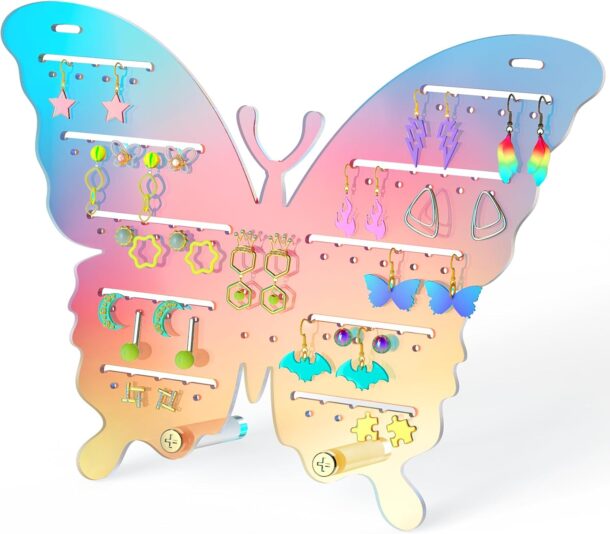 FANASSYY Iridescent Acrylic Butterfly Stud Earring Organizer Rack, 50 Holes & 54 Slots Wall Hanging or Tabletop Jewelry Display Stand, 9x7 Inch Durable Multicolored Jewelry Holder