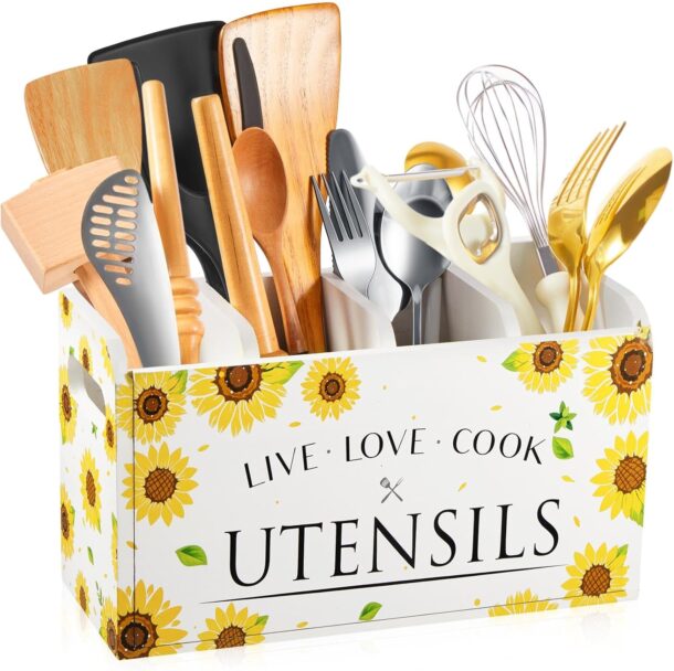 FANASSYY Sunflower Kitchen Utensil Holder for Countertop 4 Compartment Large Acrylic Cooking Utensil Organizer Kitchen Tools Storage for Home Counter