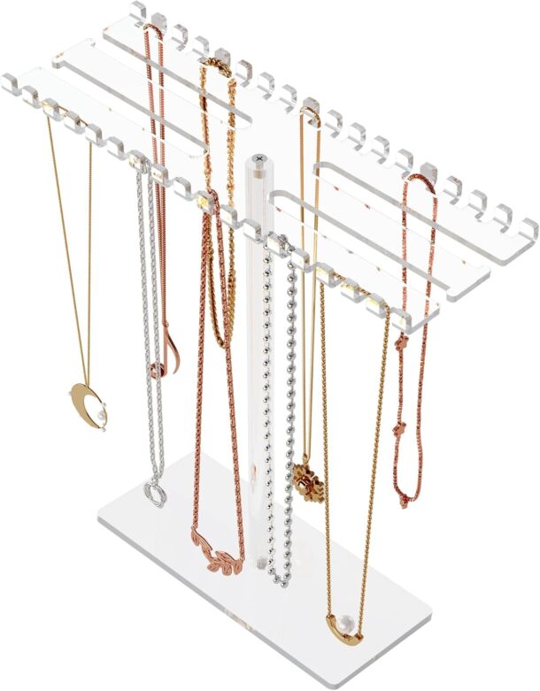 FANASSYY Clear Acrylic Necklace Organizer 36 Hooks Holder for Necklaces Bracelets Rings Hair Accessories Space-Saving Jewelry Display for Countertops and Display Cabinets
