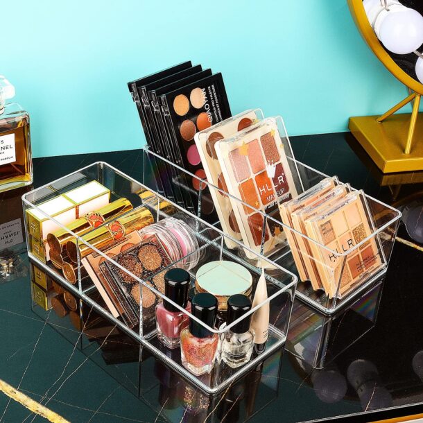 FANASSYY Clear Acrylic Stackable Organizer Box – 3-Section Drawer Storage for Scrunchies, Nail Polish, Makeup, Hair Accessories & Vanity Essentials | Bathroom Countertop Organizer