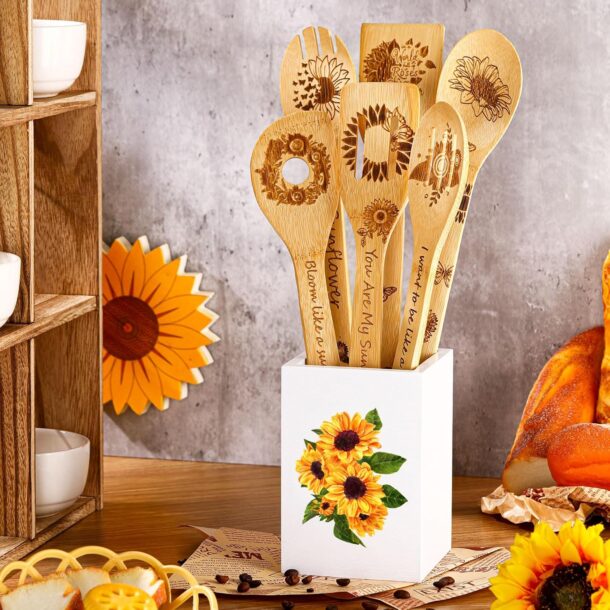 FANASSYY Acrylic white cutlery holder with sunflower Kitchen Utensil Holder for Countertop Cooking Utensil Organizer Kitchen Tools Storage for Home Counter