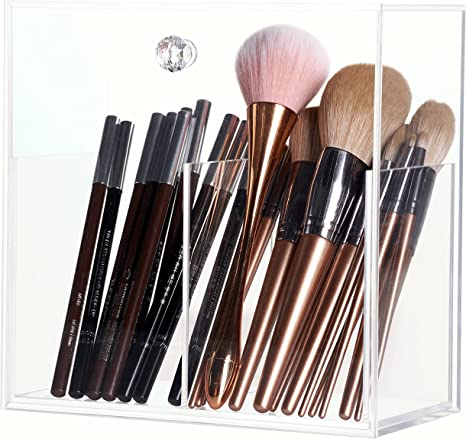FANASSYY Clear Acrylic Dust-Proof Makeup Storage Box with Cover – 2-Compartment Large Capacity Brush Organizer for Vanity, Bathroom, and Dressing Table (Without Pearls)