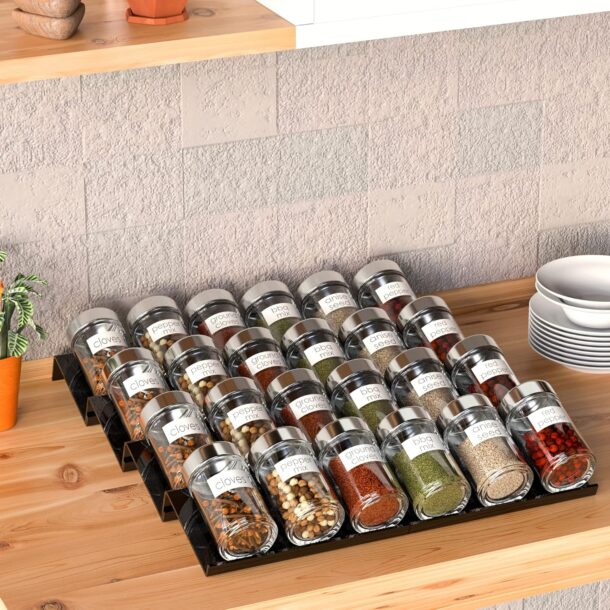 FANASSYY Adjustable Acrylic Spice Drawer Organizer Rack, Spice Drawer Organizer Shelf Acrylic Drawer Organizer for Seasoning Jars (8 Inch to 16 Inch Expandable), 4PCS