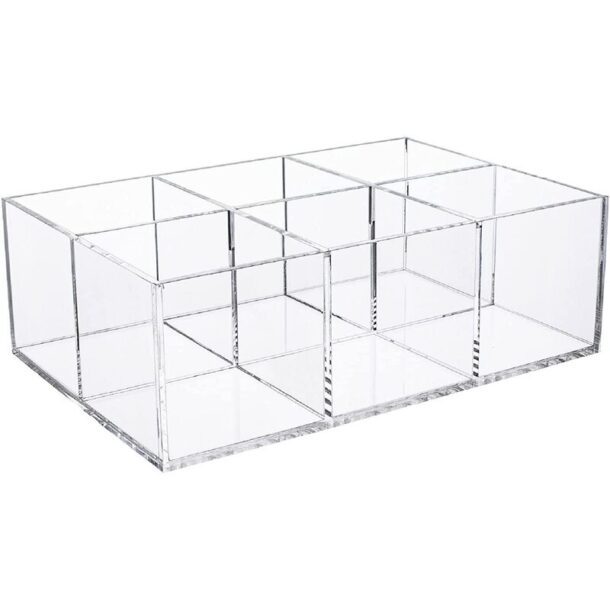 FANASSYY Clear Acrylic Bathroom & Vanity Drawer Organizer – 6-Compartment Makeup Brush Holder, Stationery Storage for Desk, Pen & Pencil Holder | Compact Storage Bin