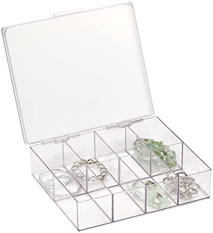 FANASSYY Clear Storage Jewelry Organizer Box With Hinged Lid for Necklaces, Rings - 8 Divided Sections Jewelry Organizer, Ring Box, Storage Box With Lid Size- 6" X 6" X 3" (L X W X H)