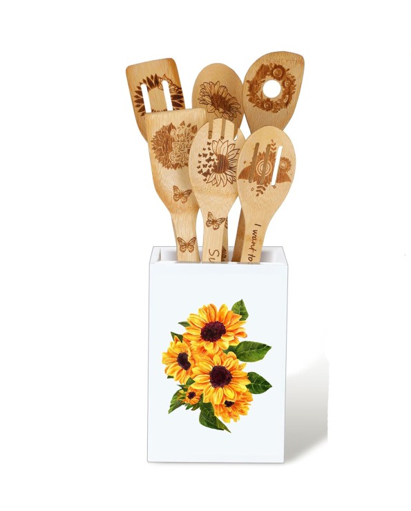 FANASSYY Acrylic white cutlery holder with sunflower Kitchen Utensil Holder for Countertop Cooking Utensil Organizer Kitchen Tools Storage for Home Counter